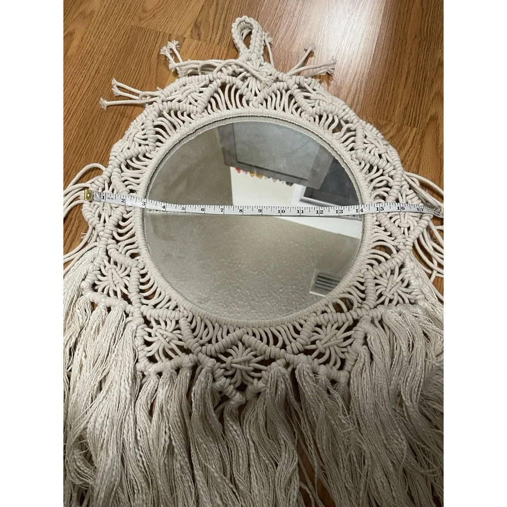 Ivory White crochet macrame boho hanging circular mirror decor